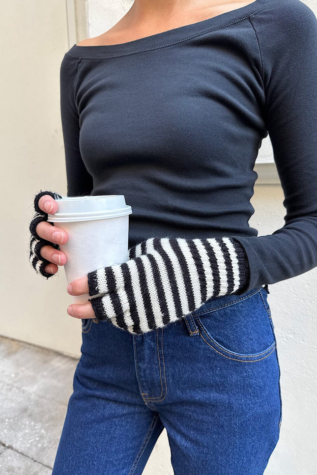 Fingerless Wool Striped Gloves - White and Black Stripe