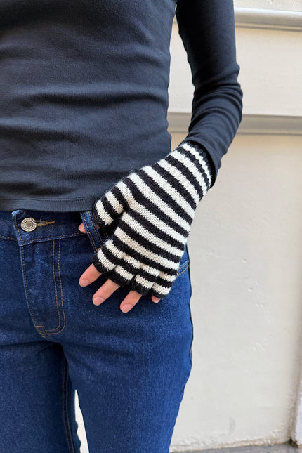 Fingerless Wool Striped Gloves - White and Black Stripe