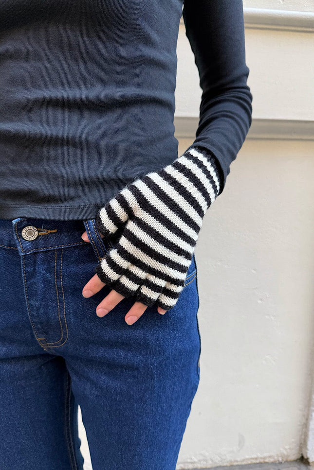 Fingerless Wool Striped Gloves - White and Black Stripe