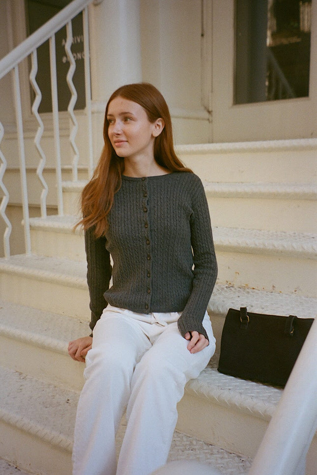 Zoe Cable Knit Cardigan - Dark Grey