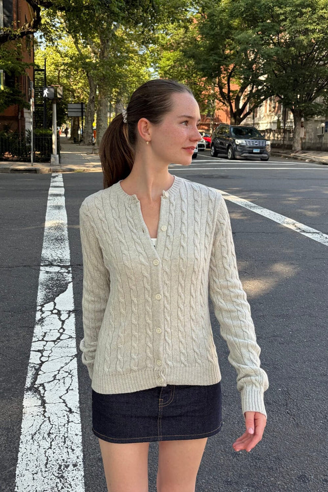 Olsen Wool Cable Knit Cardigan - Light Grey