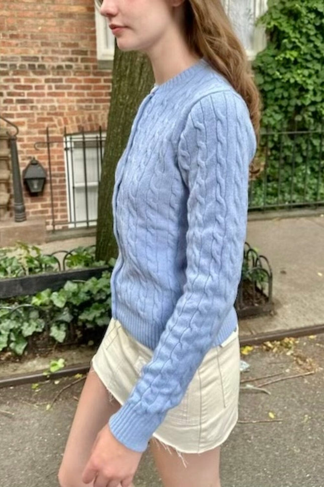 Olsen Wool Cable Knit Cardigan - Light Blue