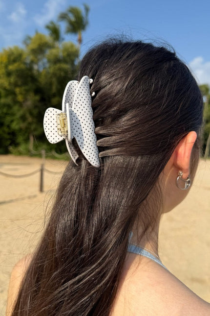 Hair Claw Clip - White With Black Polka Dots