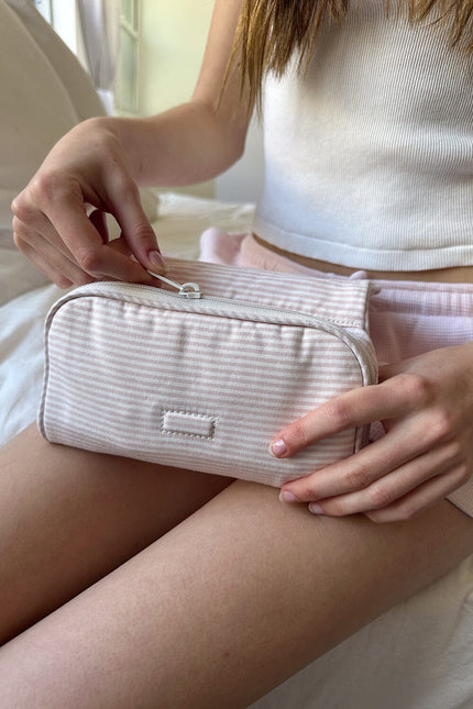 Stripe Makeup Bag - Light Pink with White Stripes
