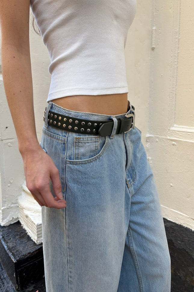 Faux Leather Stud Belt - Dark Green