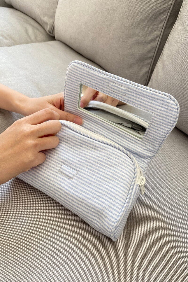 Stripe Makeup Bag - Light Blue with White Stripes