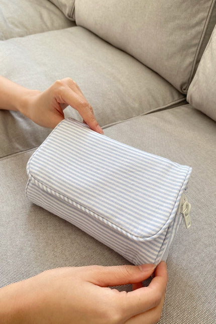 Stripe Makeup Bag - Light Blue with White Stripes