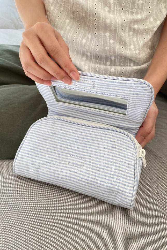 Stripe Makeup Bag - Light Blue with White Stripes