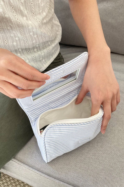 Stripe Makeup Bag - Light Blue with White Stripes